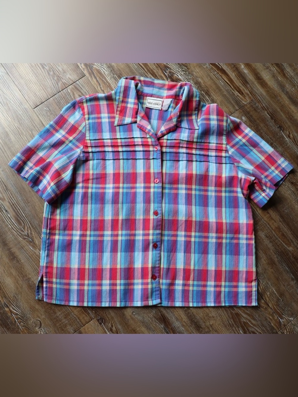 Vintage Bold Multicolor Plaid Button Up Shirt Pleated Womens Granny XL